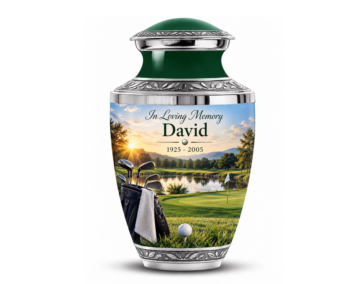golf lake clubs cremation urn for human ashes, handmade aluminum memorial urn – photo 1