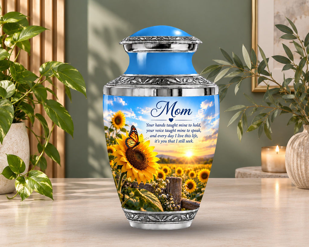 sunflower sunset cremation urn for human ashes, handmade aluminum memorial urn – photo 6