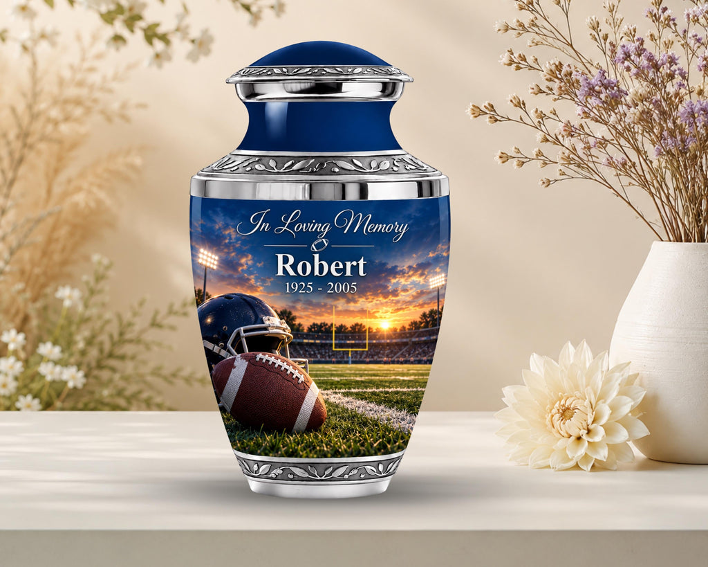 football helmet field cremation urn for human ashes, handmade aluminum memorial urn – photo 3