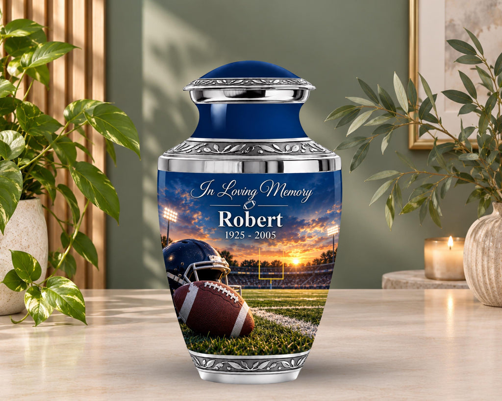 football helmet field cremation urn for human ashes, handmade aluminum memorial urn – photo 6