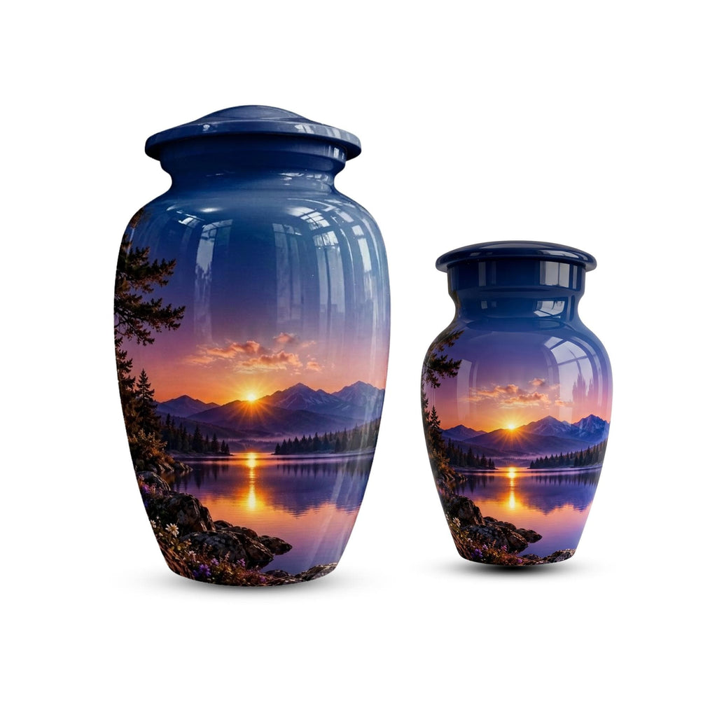 mountain sunset lake cremation urn for human ashes, handmade aluminum memorial urn – photo 1