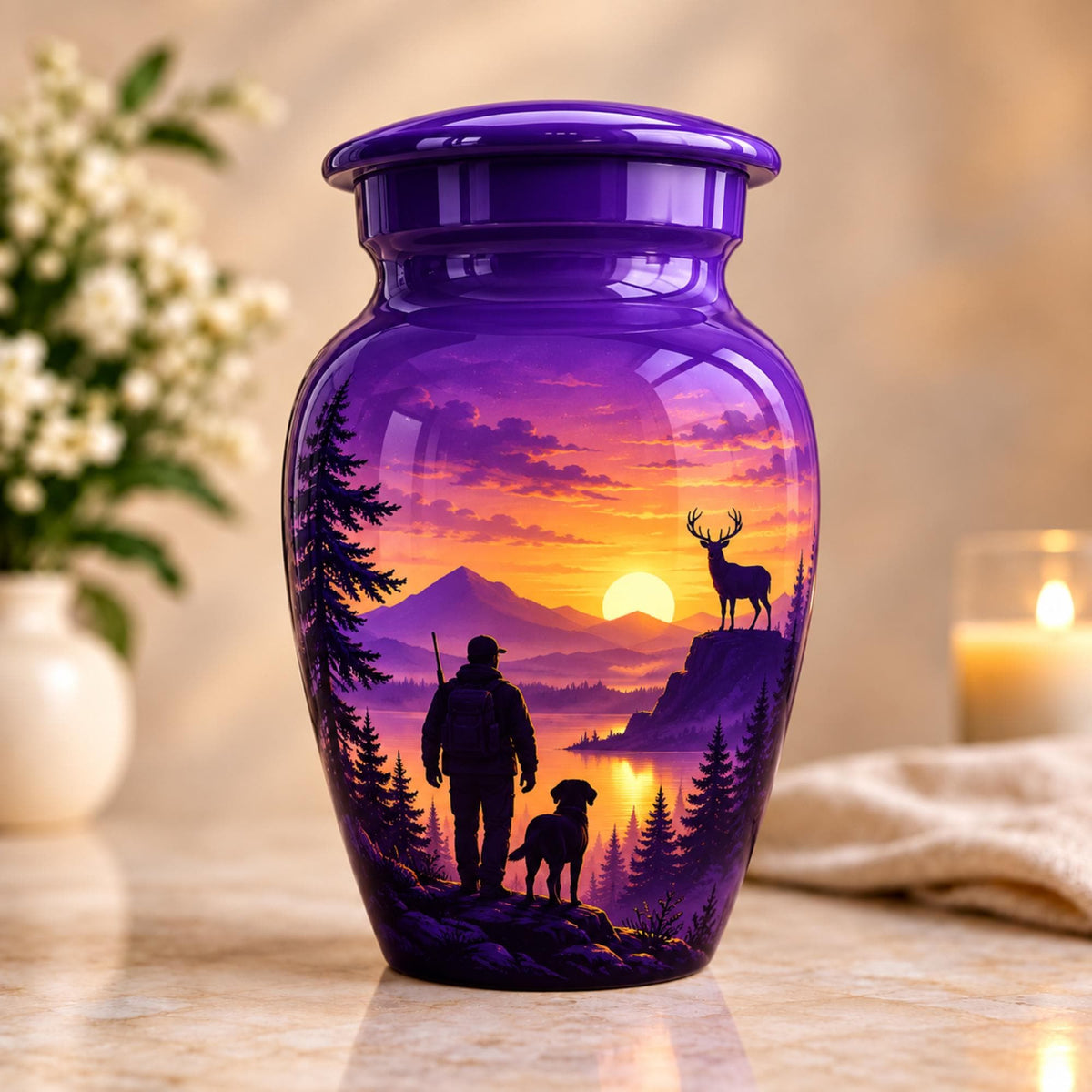hunter and dog sunset cremation urn for human ashes, handmade aluminum memorial urn – photo 5