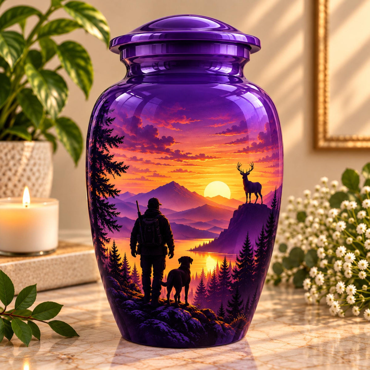 hunter and dog sunset cremation urn for human ashes, handmade aluminum memorial urn – photo 4