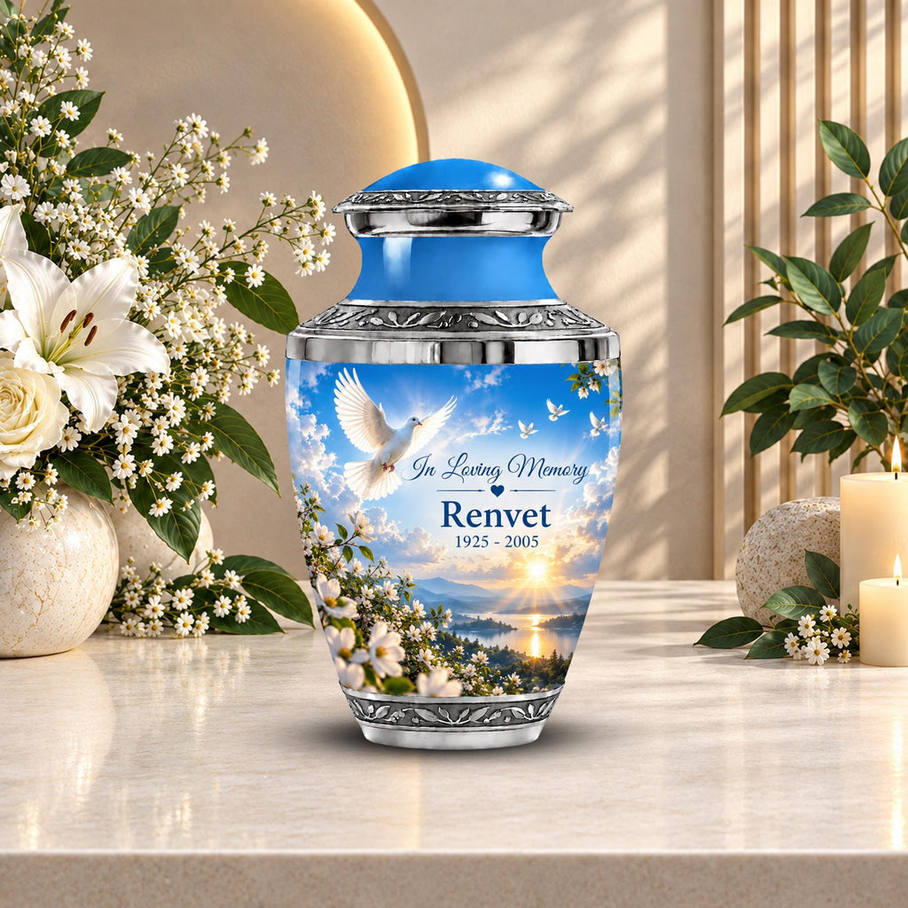 blue dove in flight cremation urn for human ashes, handmade aluminum memorial urn – photo 4