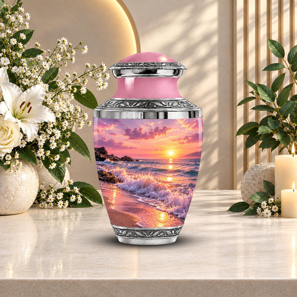 pink beach sunset cremation urn for human ashes, handmade aluminum memorial urn – photo 5