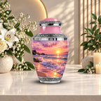 pink beach sunset cremation urn for human ashes, handmade aluminum memorial urn – photo 5