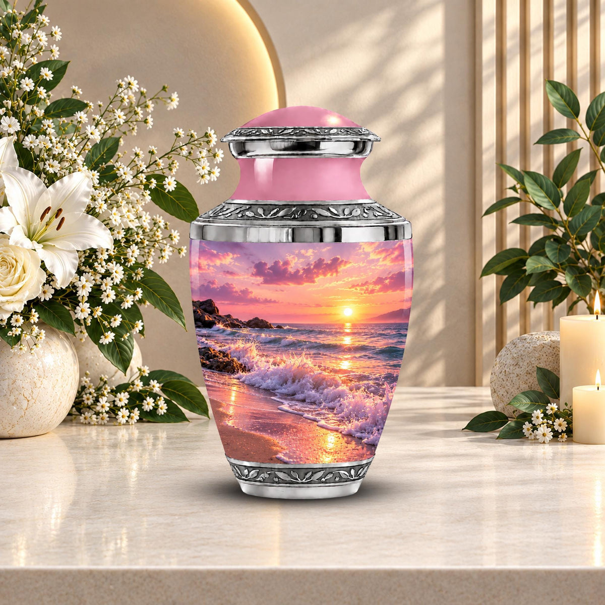 pink beach sunset cremation urn for human ashes, handmade aluminum memorial urn – photo 5