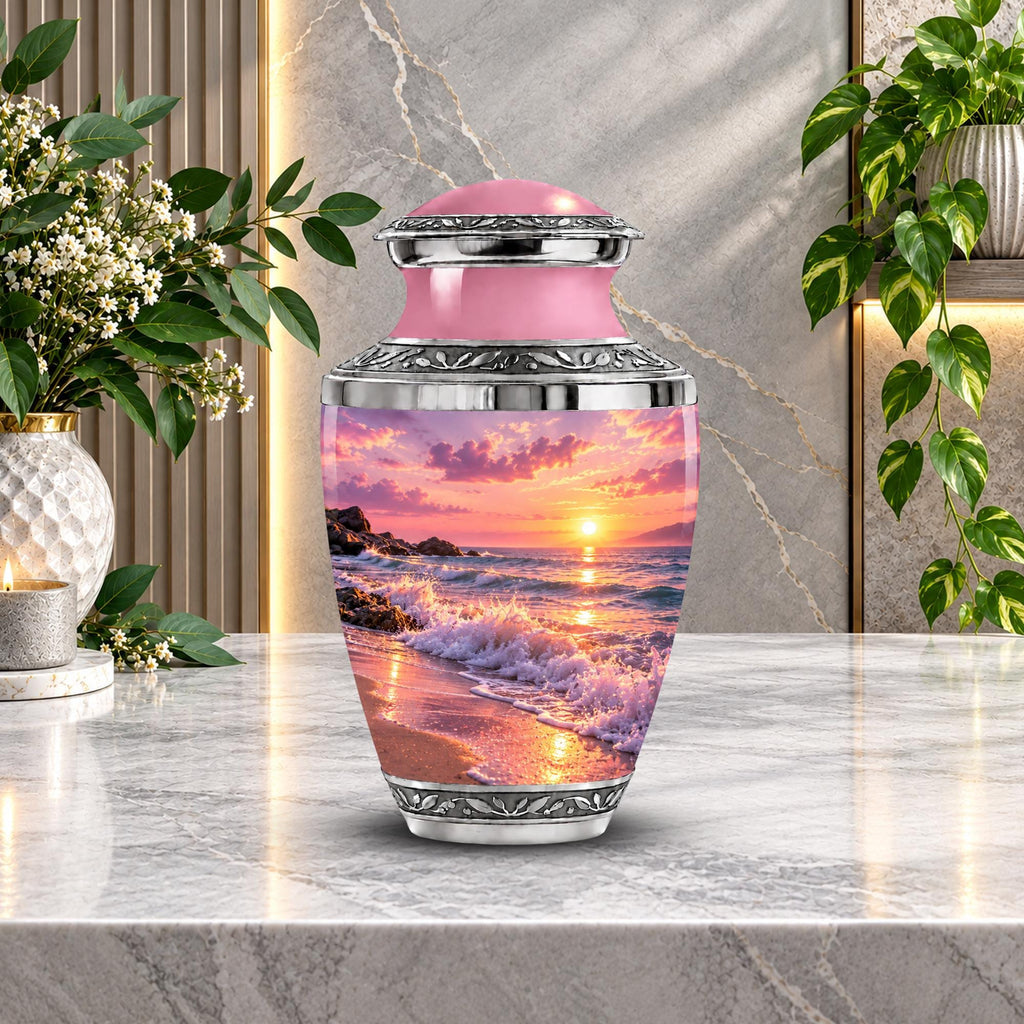 pink beach sunset cremation urn for human ashes, handmade aluminum memorial urn – photo 3
