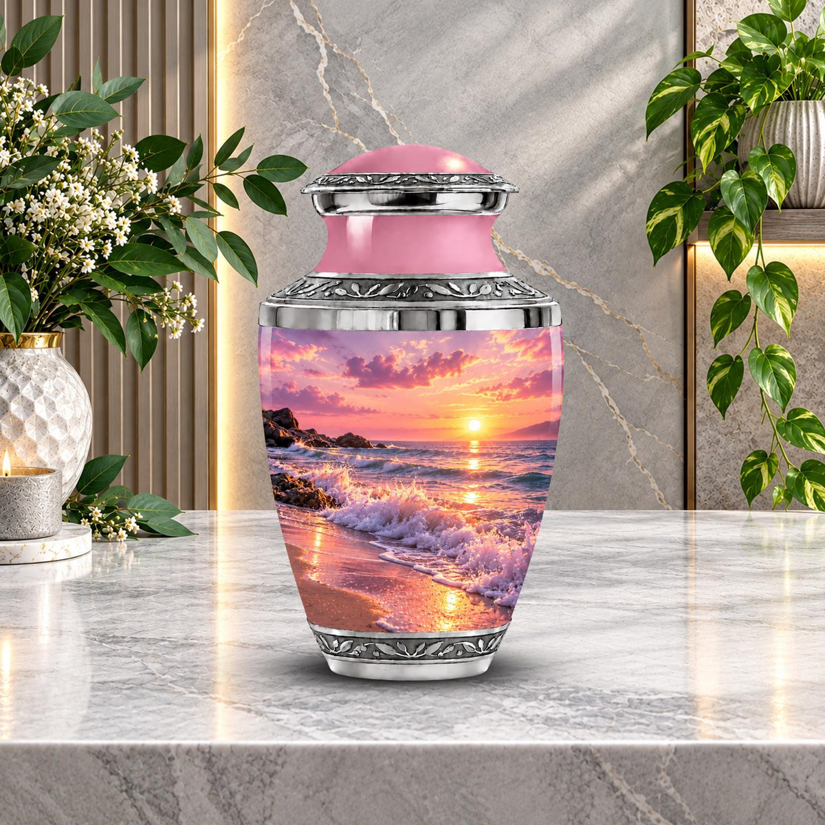 pink beach sunset cremation urn for human ashes, handmade aluminum memorial urn – photo 3