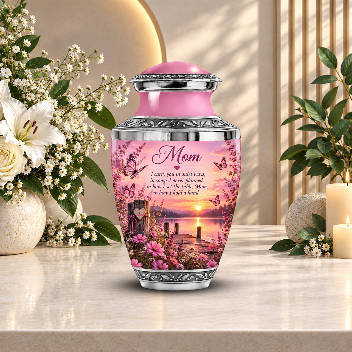 pink sunset lake dock cremation urn for human ashes, handmade aluminum memorial urn – photo 3