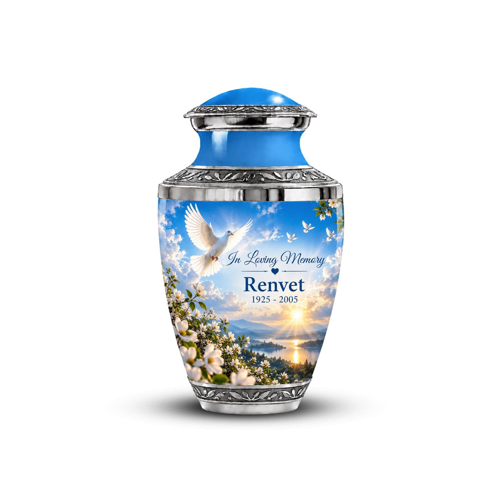 blue dove in flight cremation urn for human ashes, handmade aluminum memorial urn – photo 1