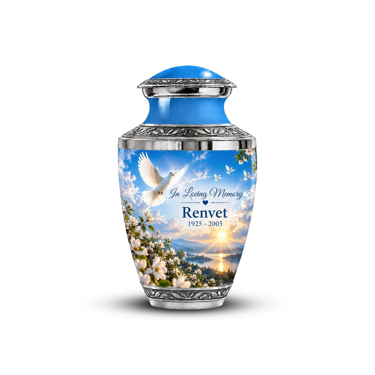 blue dove in flight cremation urn for human ashes, handmade aluminum memorial urn – photo 1