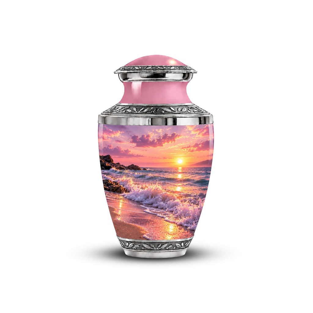pink beach sunset cremation urn for human ashes, handmade aluminum memorial urn – photo 1