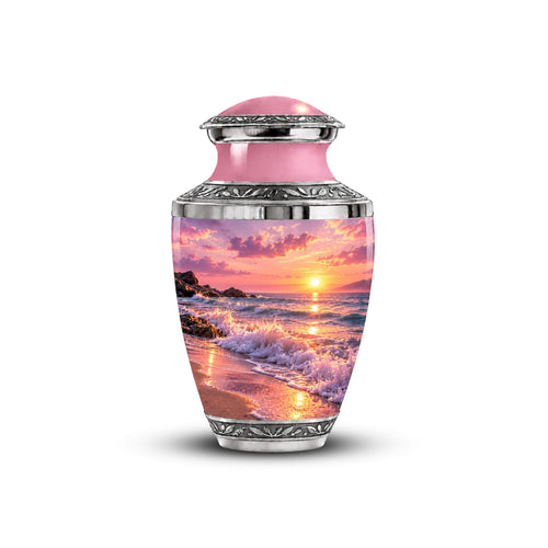 pink beach sunset cremation urn for human ashes, handmade aluminum memorial urn – photo 1