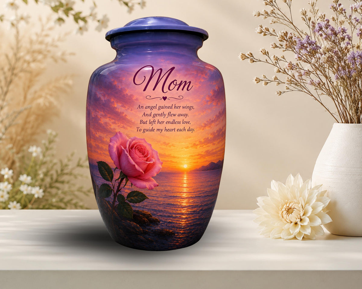 rose sunset angel wings poem cremation urn for human ashes, handmade aluminum memorial urn – photo 6