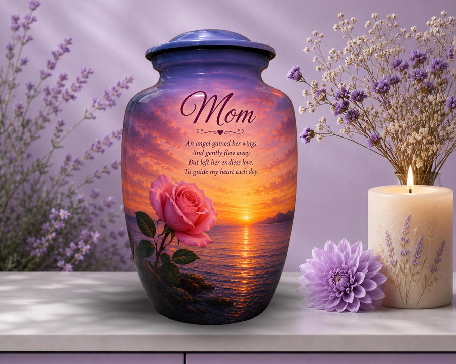 rose sunset angel wings poem cremation urn for human ashes, handmade aluminum memorial urn – photo 1