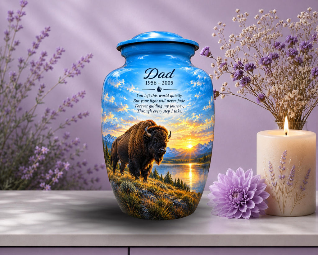 bison mountain sunset cremation urn for human ashes, handmade aluminum memorial urn – photo 5