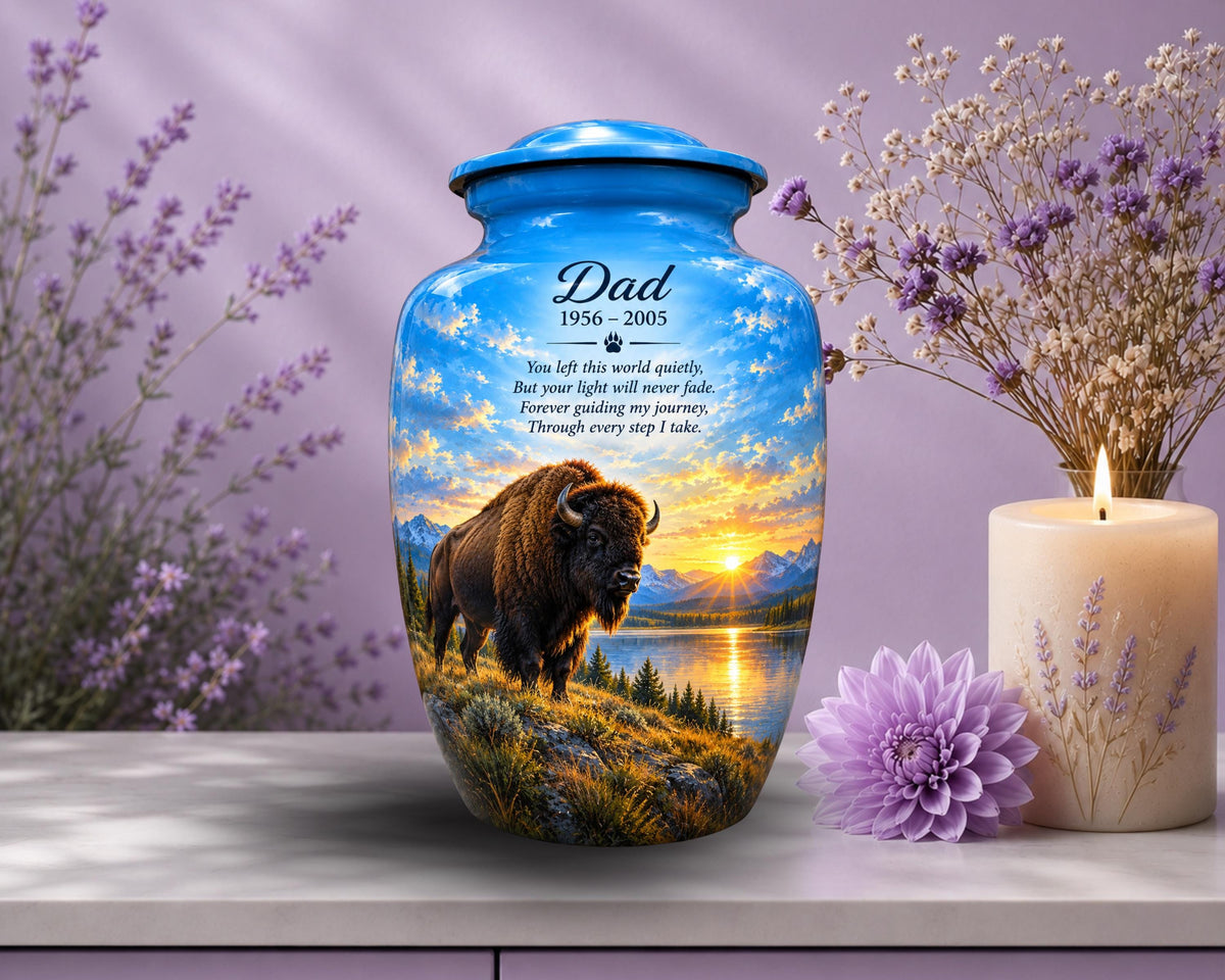 bison mountain sunset cremation urn for human ashes, handmade aluminum memorial urn – photo 5
