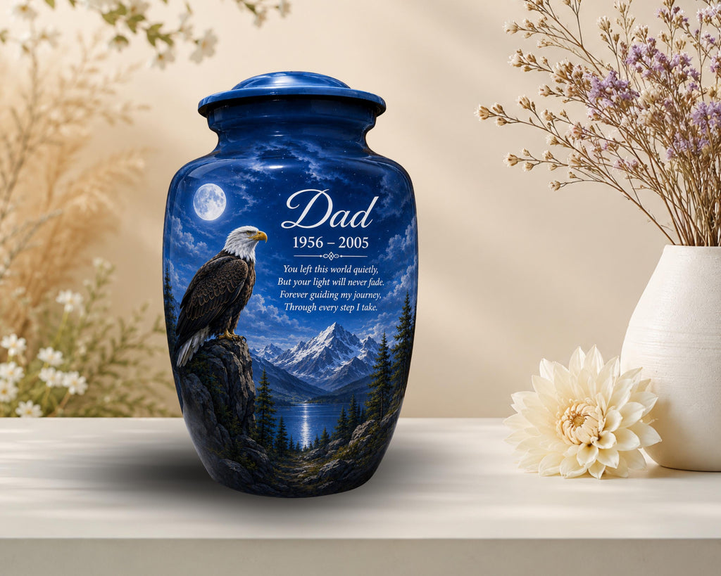 bald eagle moonrise cremation urn for human ashes, handmade aluminum memorial urn – photo 4