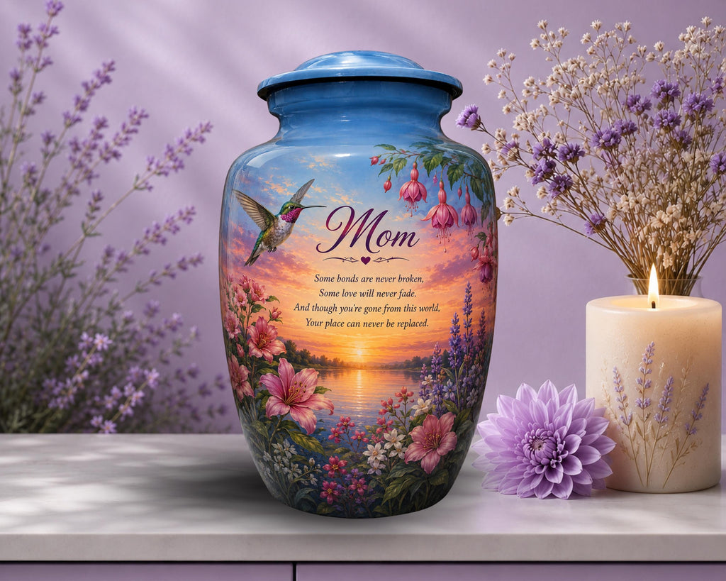 hummingbird wildflower fuchsia cremation urn for human ashes, handmade aluminum memorial urn – photo 6