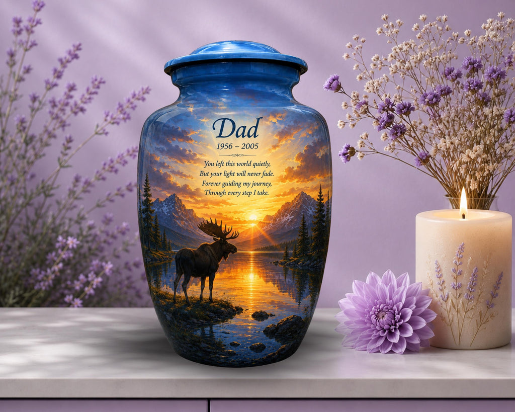 moose mountain lake cremation urn for human ashes, handmade aluminum memorial urn – photo 5