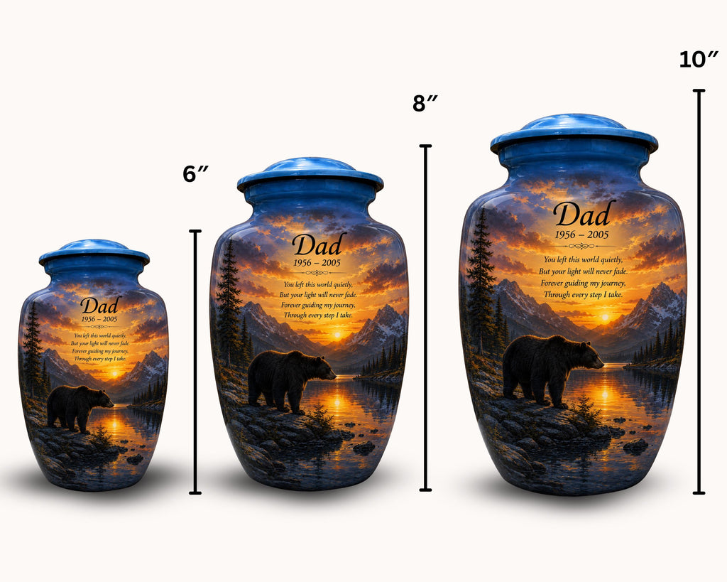 black bear mountain sunset cremation urn for human ashes, handmade aluminum memorial urn – photo 2
