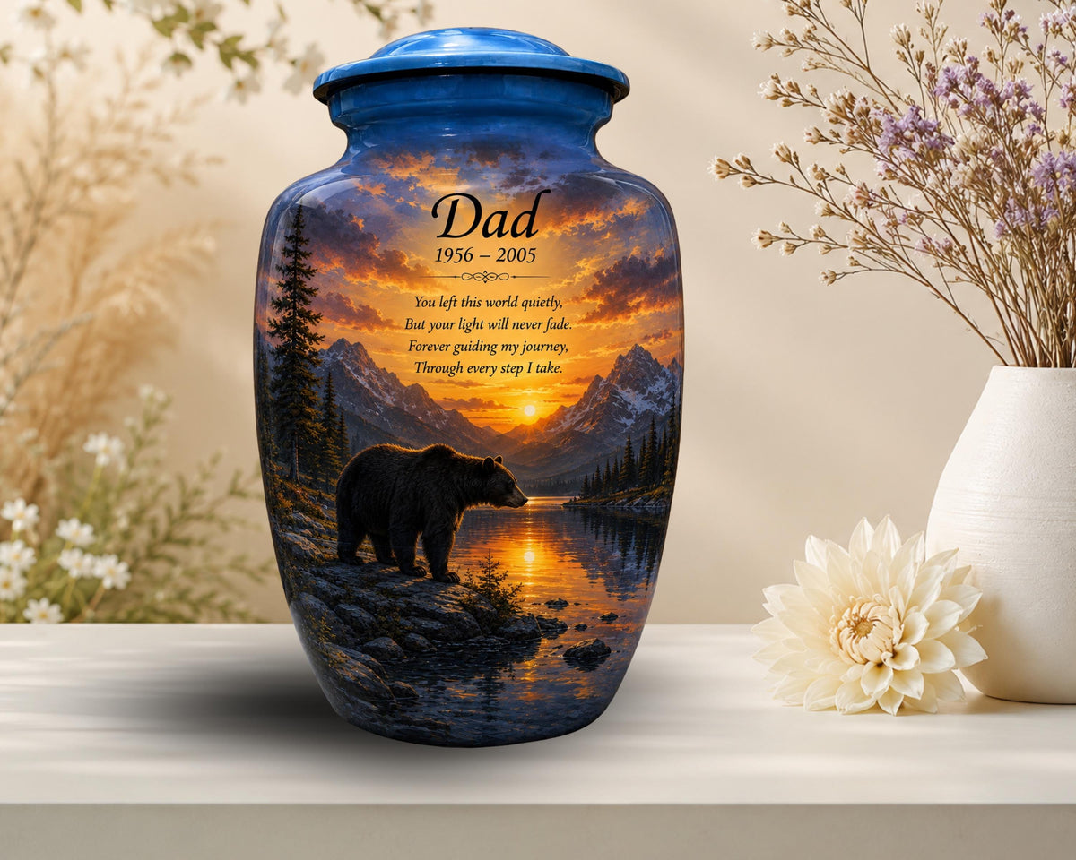 black bear mountain sunset cremation urn for human ashes, handmade aluminum memorial urn – photo 6