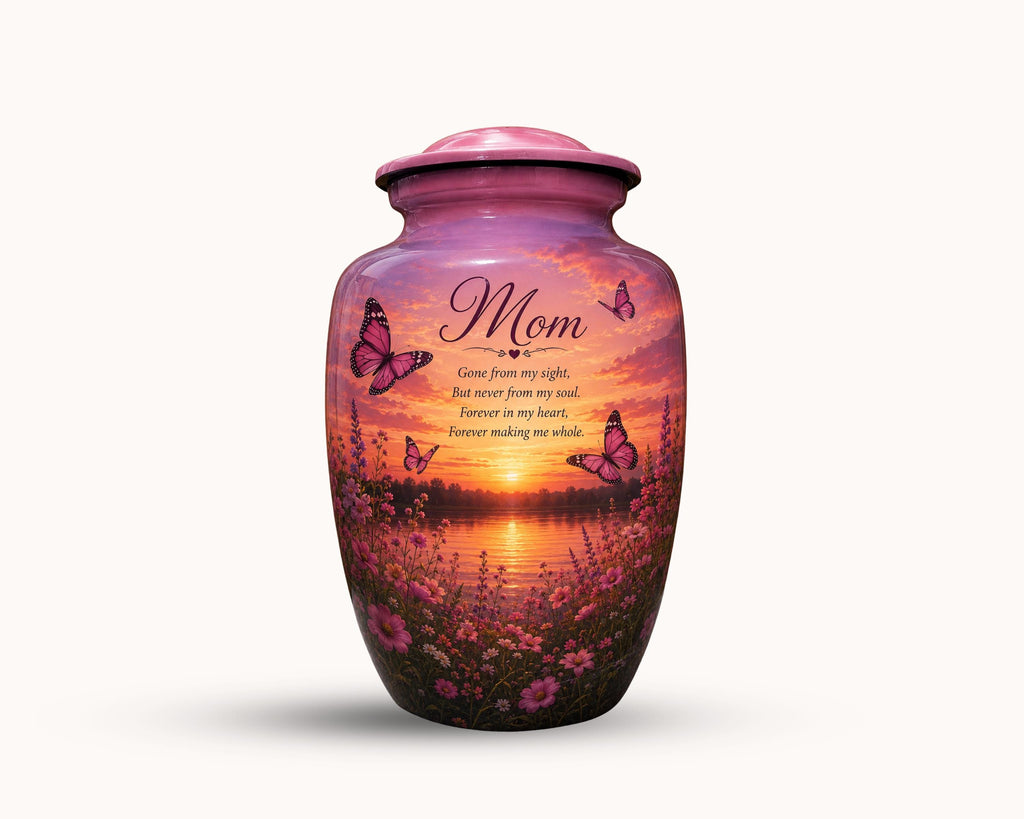 pink butterfly wildflower cremation urn for human ashes, handmade aluminum memorial urn – photo 4