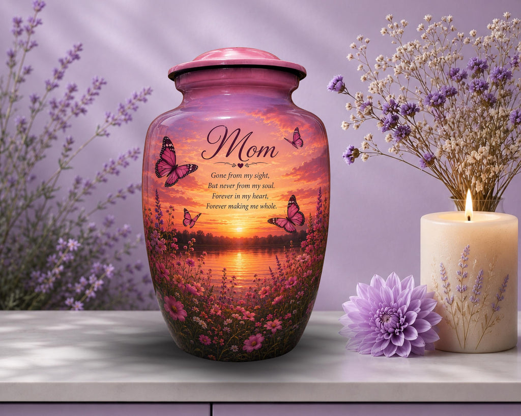 pink butterfly wildflower cremation urn for human ashes, handmade aluminum memorial urn – photo 5