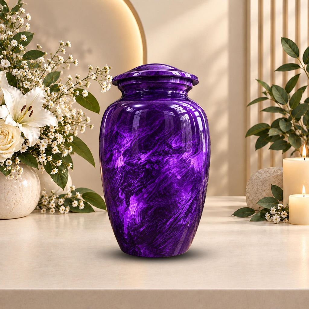 purple marble cremation urn for human ashes, handmade aluminum memorial urn – photo 5