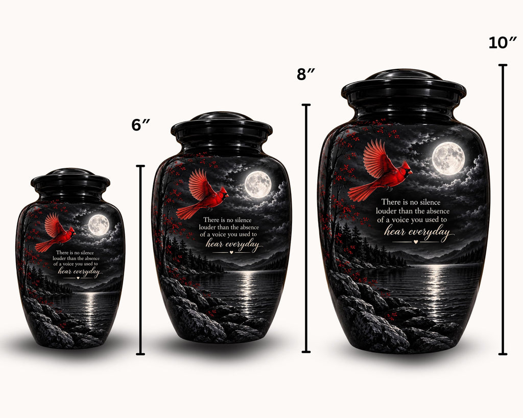 red cardinal moonlight cremation urn for human ashes, handmade aluminum memorial urn – photo 3