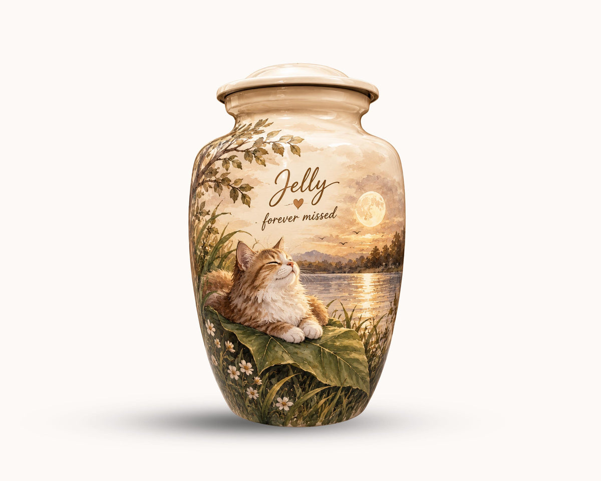 sleeping cat sunset cremation urn for pet ashes, handmade aluminum memorial urn – photo 4