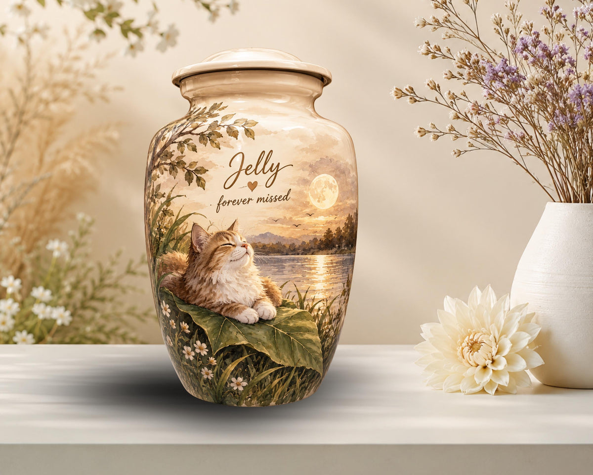 sleeping cat sunset cremation urn for pet ashes, handmade aluminum memorial urn – photo 6