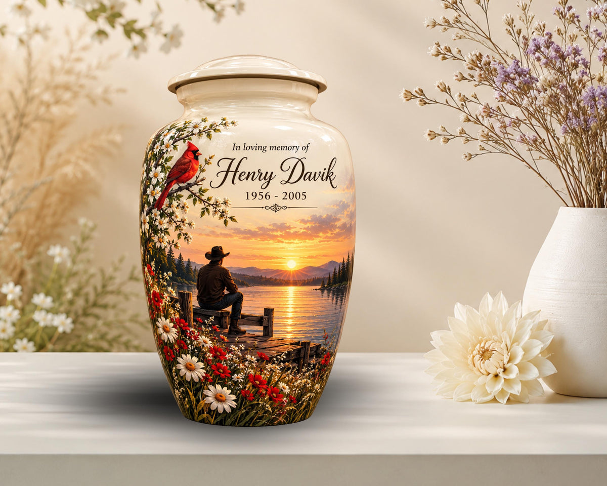 cardinal sunset lake cremation urn for human ashes, handmade aluminum memorial urn – photo 5