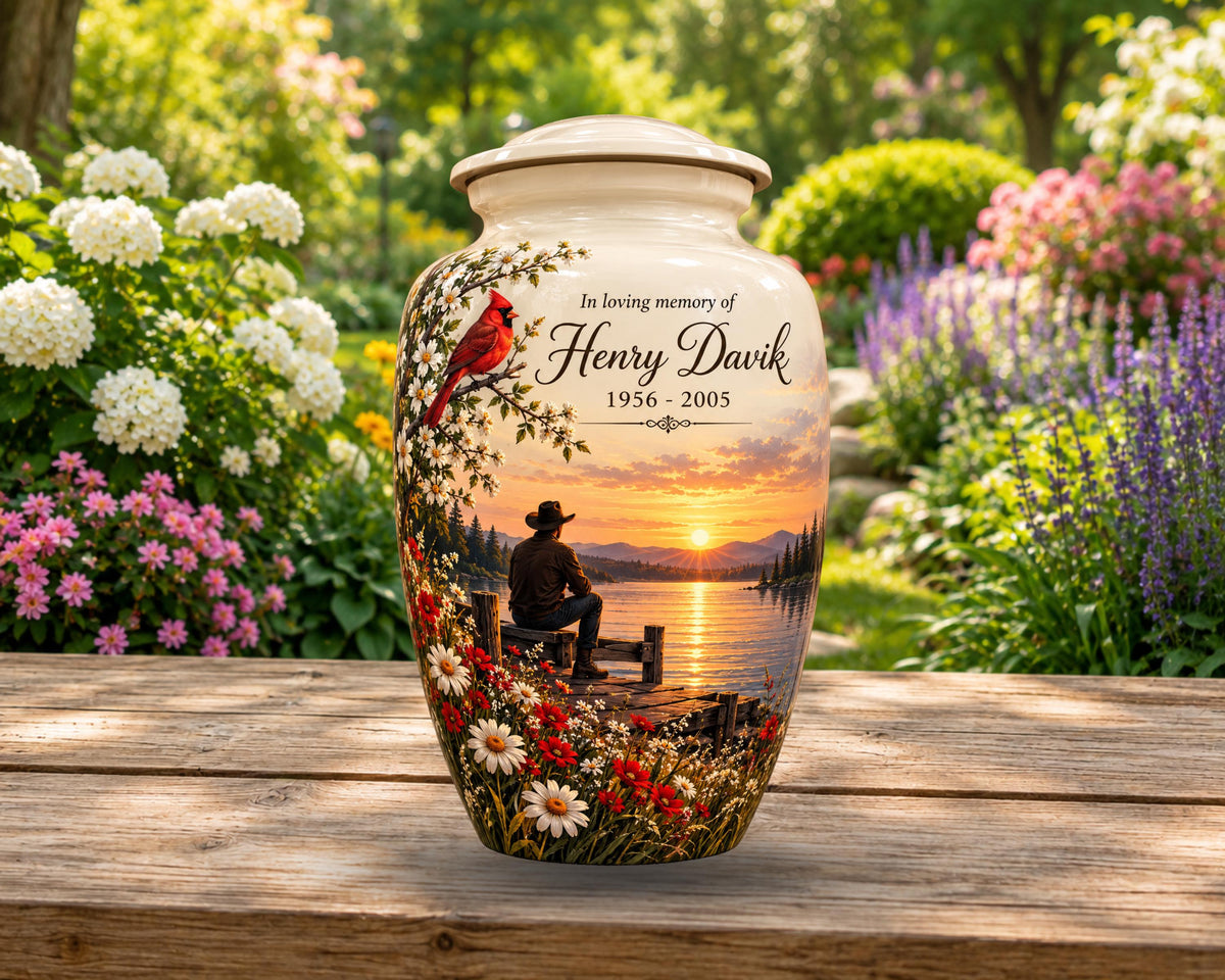 cardinal sunset lake cremation urn for human ashes, handmade aluminum memorial urn – photo 3