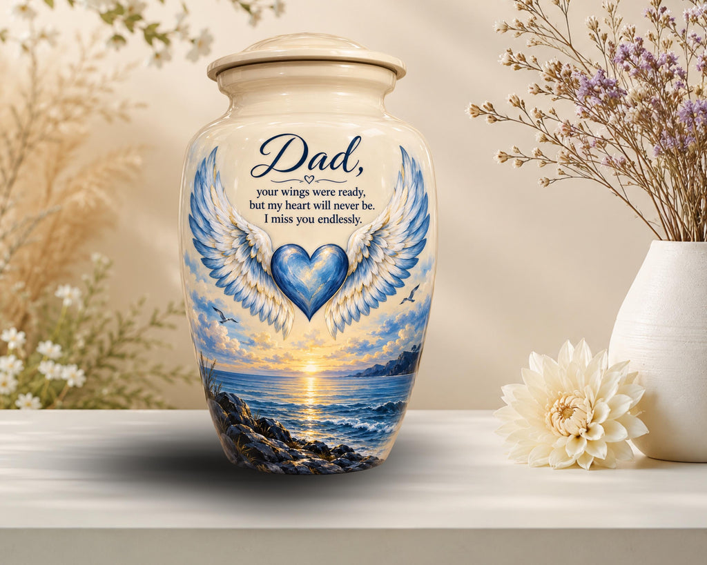 angel wings blue heart cremation urn for human ashes, handmade aluminum memorial urn – photo 6