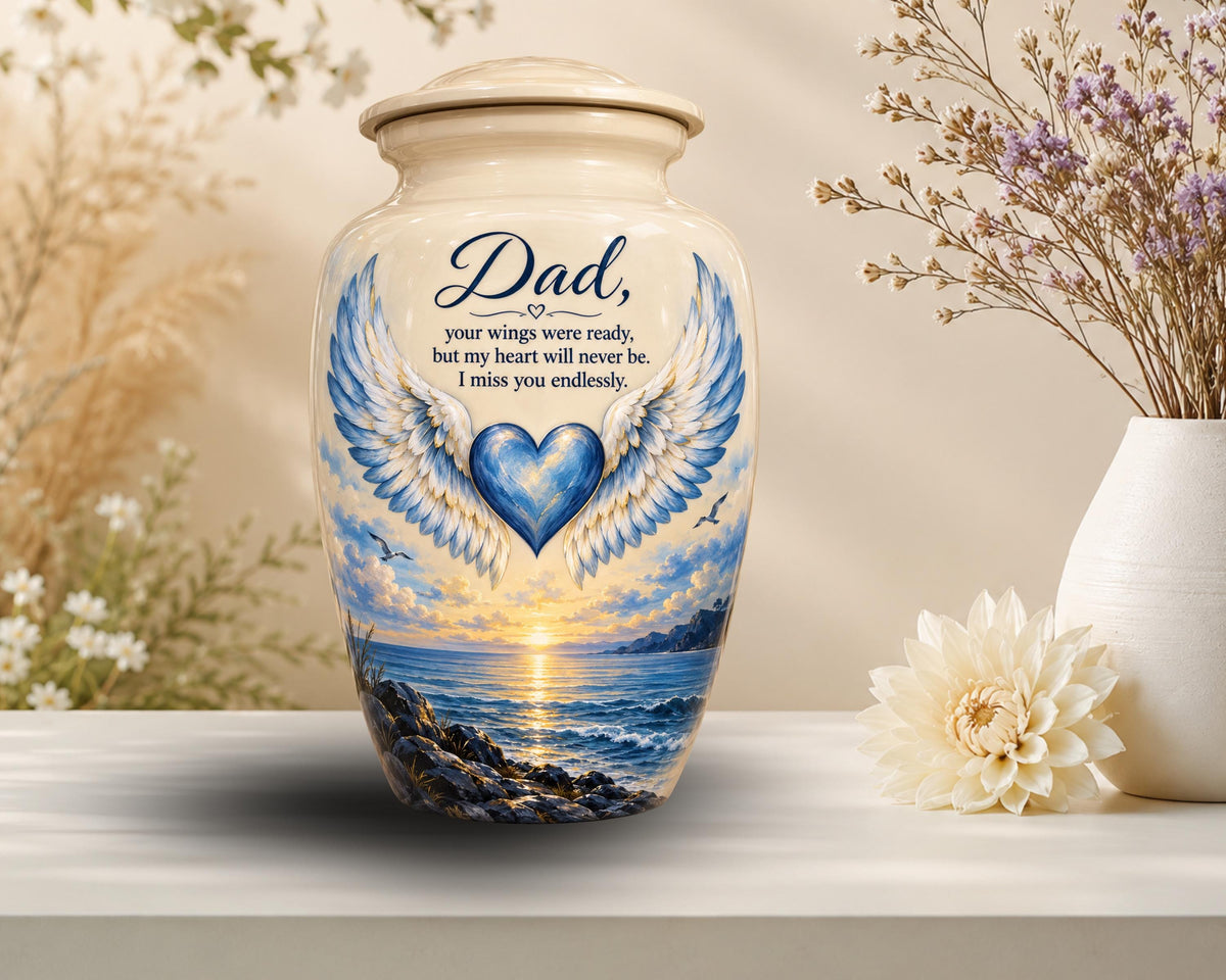 angel wings blue heart cremation urn for human ashes, handmade aluminum memorial urn – photo 6
