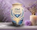 angel wings blue heart cremation urn for human ashes, handmade aluminum memorial urn – photo 5