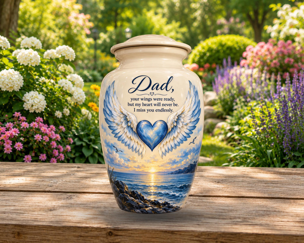 angel wings blue heart cremation urn for human ashes, handmade aluminum memorial urn – photo 4