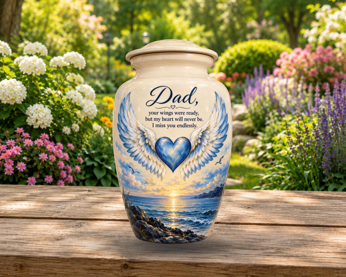 angel wings blue heart cremation urn for human ashes, handmade aluminum memorial urn – photo 4