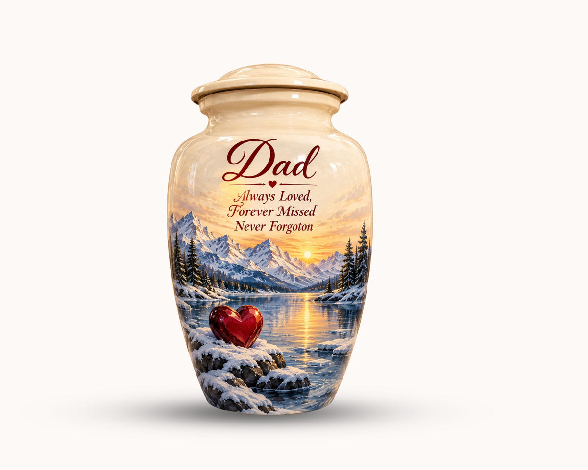 winter mountain red heart cremation urn for human ashes, handmade aluminum memorial urn – photo 4