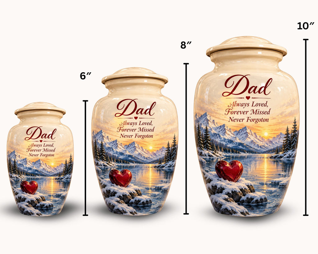 winter mountain red heart cremation urn for human ashes, handmade aluminum memorial urn – photo 2