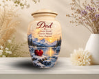winter mountain red heart cremation urn for human ashes, handmade aluminum memorial urn – photo 1