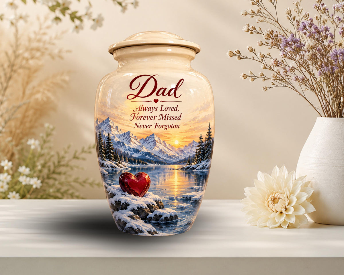 winter mountain red heart cremation urn for human ashes, handmade aluminum memorial urn – photo 1