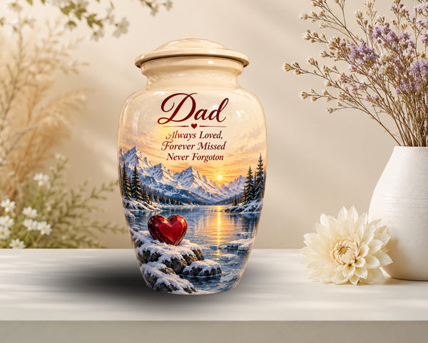 winter mountain red heart cremation urn for human ashes, handmade aluminum memorial urn – photo 1