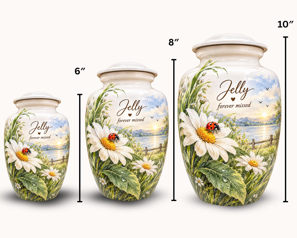 daisy ladybug lake cremation urn for human ashes, handmade aluminum memorial urn – photo 2