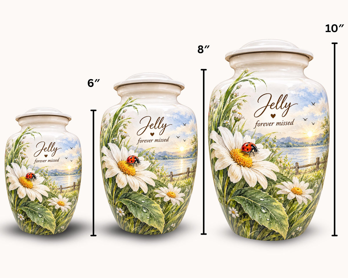 daisy ladybug lake cremation urn for human ashes, handmade aluminum memorial urn – photo 2
