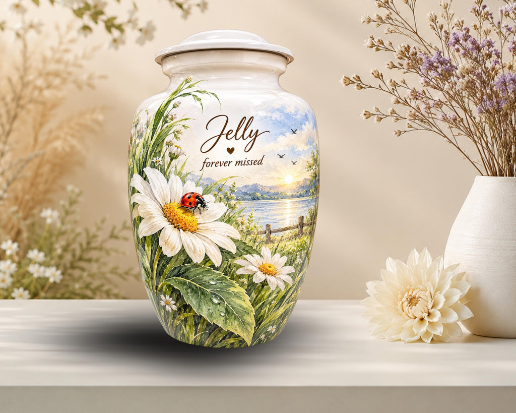 daisy ladybug lake cremation urn for human ashes, handmade aluminum memorial urn – photo 6
