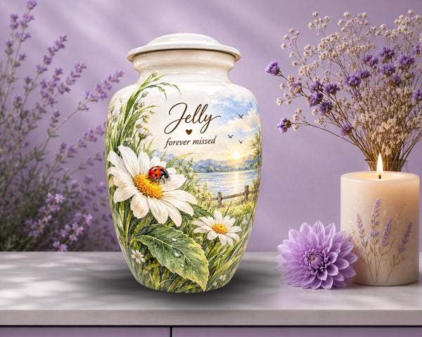 daisy ladybug lake cremation urn for human ashes, handmade aluminum memorial urn – photo 1