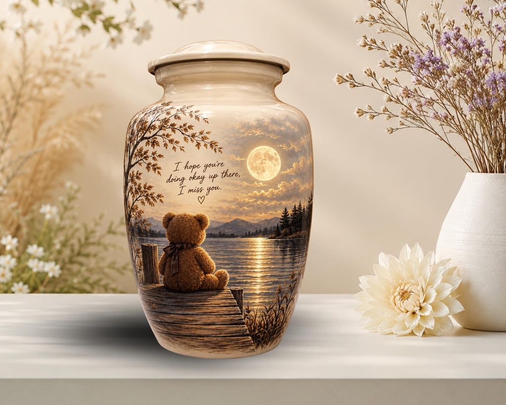 teddy bear moonlit lake cremation urn for human ashes, handmade aluminum memorial urn – photo 6